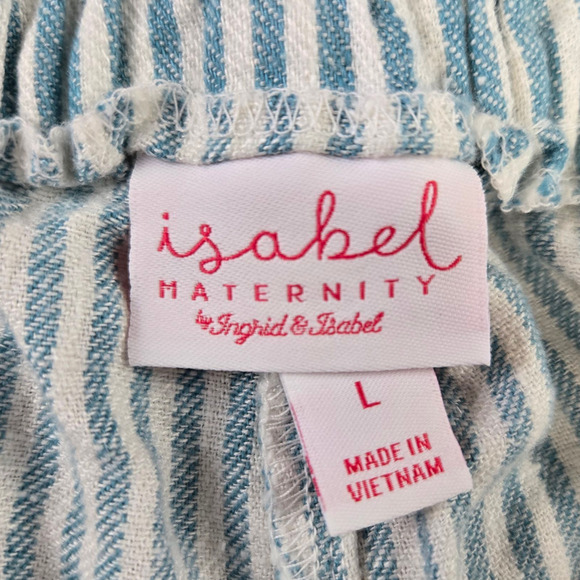 Isabel Maternity Blue White Stripe Belted Linen Blend Paperbag Shorts Size Large - Picture 6 of 7